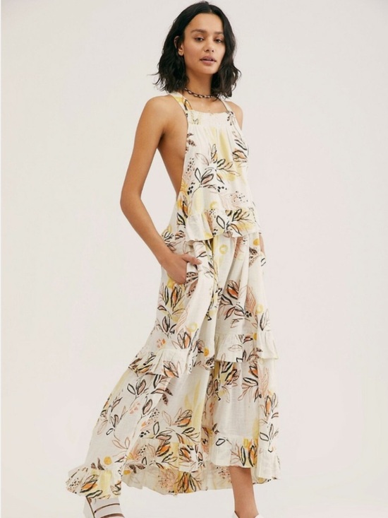 Free People Dresses & Skirts - Free People Cream Floral Tiered Maxi Dress with Yellow & Tan Accents